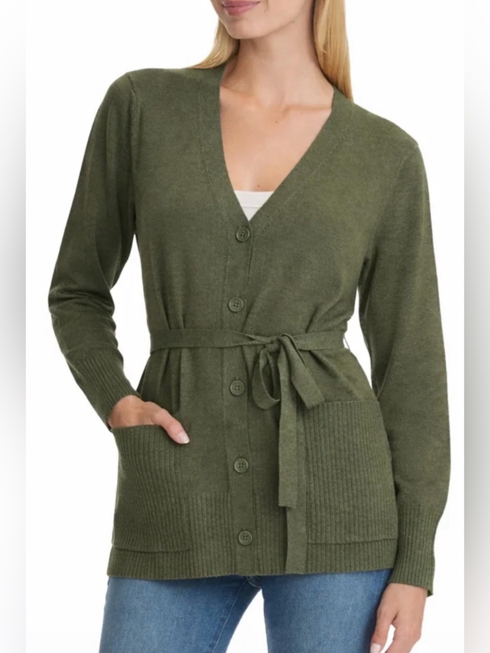 Splendid Olive Green Belted V-Neck Cardigan
